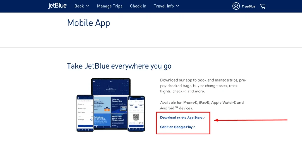 jetblue mobile app check in